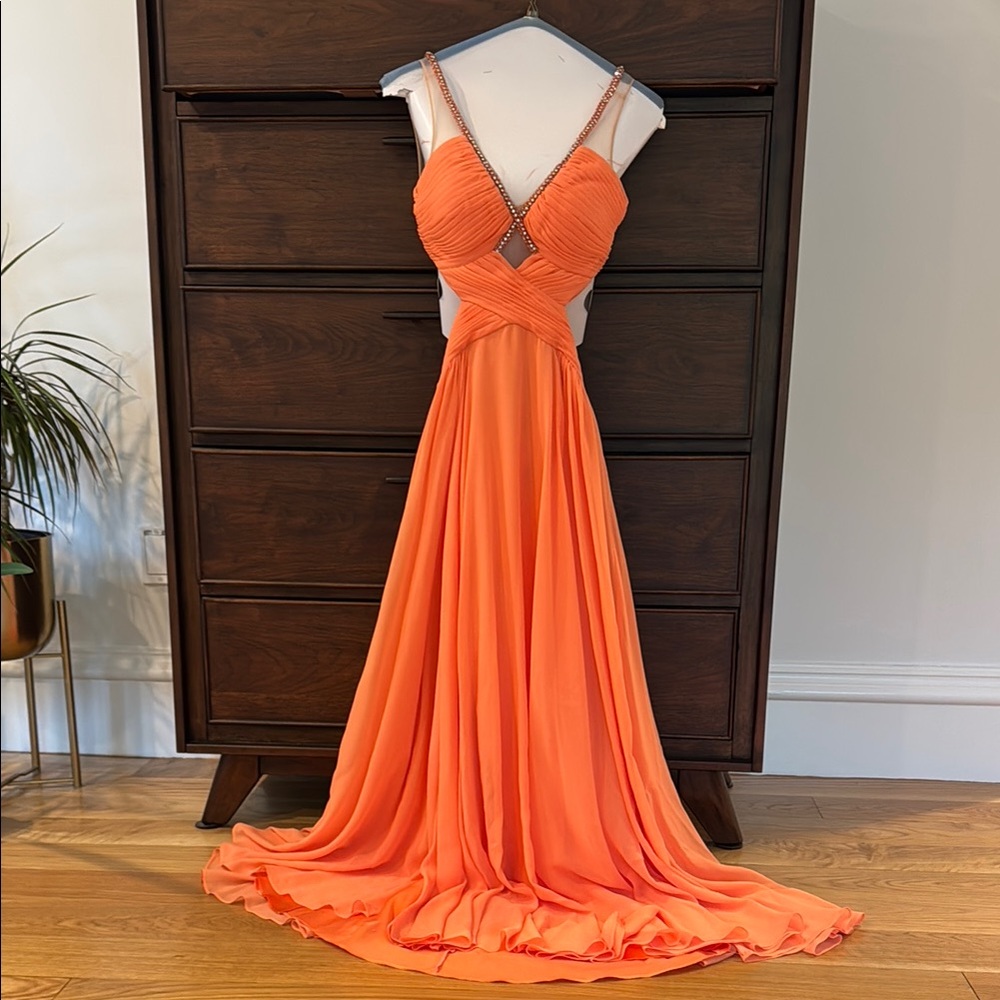 TERANI couture Orange Gown with Plunge Neckline, 2